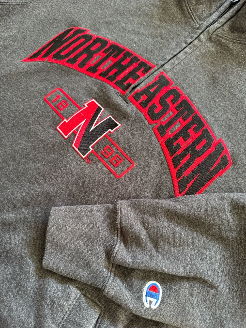 Northeastern University 1898 Champion  1/4 Zip Sweatshirt Embroidered Gray Men M